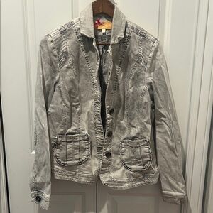 Crisca Grey Denim Utility Jacket Blazer Style Stud Trim EUC Size 44 / 10